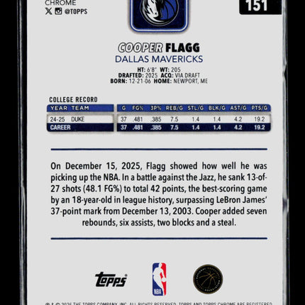 2026 Topps Chrome Cooper Flagg #151 RC Xfractor