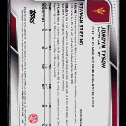 2025 Bowman Chrome University Jordyn Tyson #31 Yellow /350