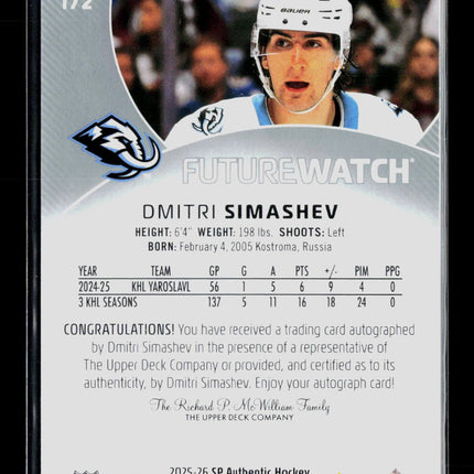 2025 Upper Deck SP Authentic Future Watch Dmitri Simashev #172 789/999 Auto