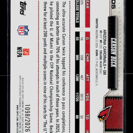 2026 Topps Carson Beck #305 Gold 1098/2026 RC
