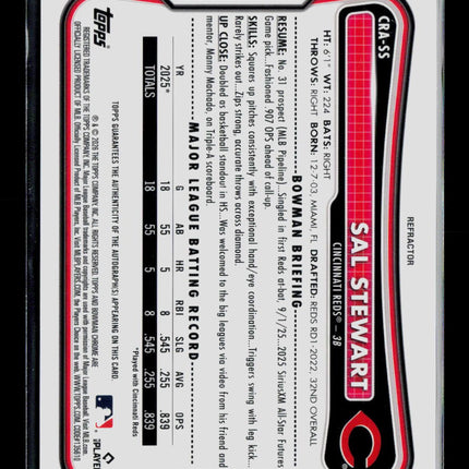 2026 Bowman Chrome Sal Stewart #CRA-SS Refractor RC 401/499 Auto