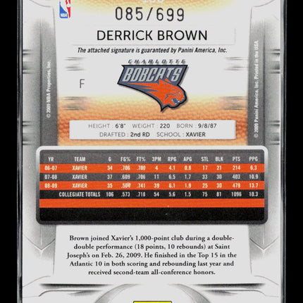 2009 Panini Prestige Draft Picks Derrick Brown #188 Draft Picks 085/699 Auto