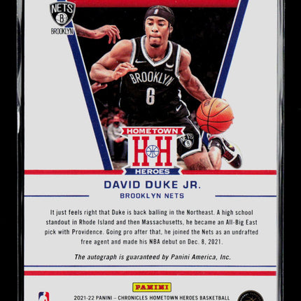 2022 Panini Chronicles Hometown Heroes David Duke Jr. #HHR-DDJ RC Auto