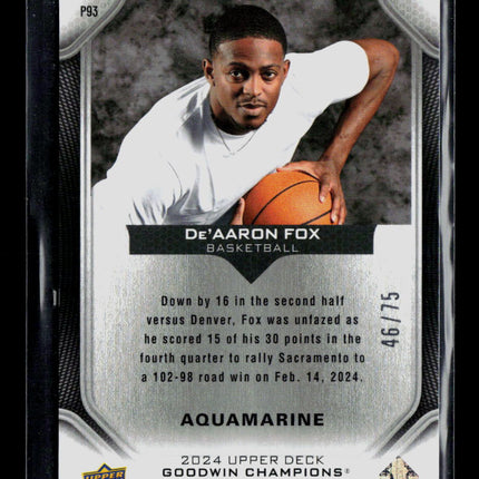 2024 Upper Deck Goodwin Champions De'Aaron Fox #P93 Aquamarine 46/75