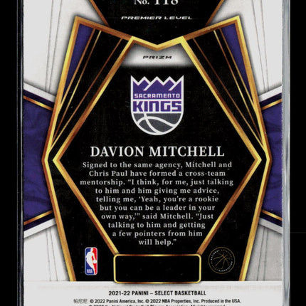 2022 Panini Select Basketball Davion Mitchell #118 Premier Level Blue RC