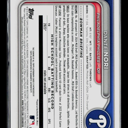 2024 Bowman Chrome Dante Nori #CPA-DN 1st Bowman Auto