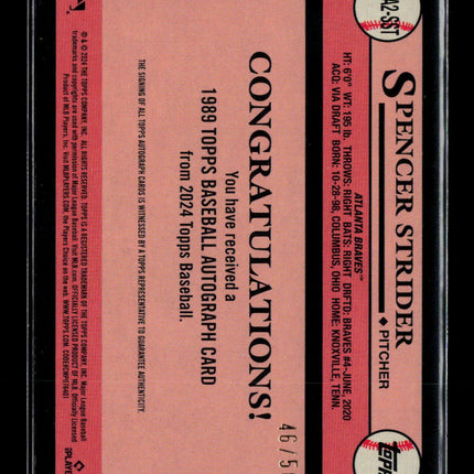 2024 Topps 1989 Topps Baseball Spencer Strider #89BA2-SST Gold 46/50 Auto