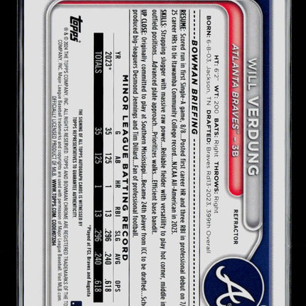 2024 Bowman Chrome Will Verdung #CPA-WV Refractor 1st Bowman 118/499 Auto