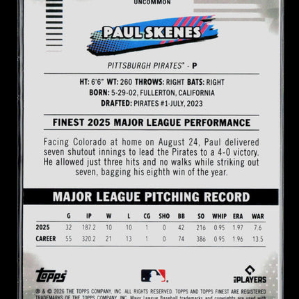 2026 Topps Finest Paul Skenes #110 Aqua Shimmer Refractor 120/199