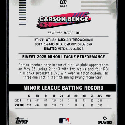 2026 Topps Finest Carson Benge #258 Pink RC /250