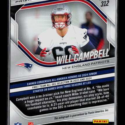 2025 Panini Prizm Will Campbell #312 RC Auto Silver