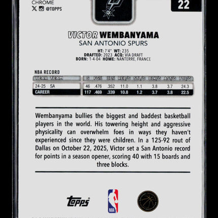 2026 Topps Chrome Victor Wembanyama #22 RayWave Refractor