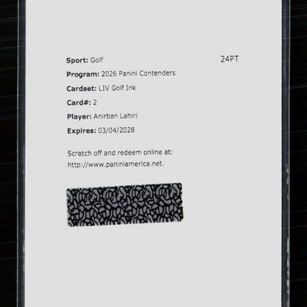 2026 Panini Contenders LIV Golf Ink Anirban Lahiri #2 Redemption