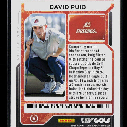 2026 Panini Contenders LIV Golf David Puig 15 Lock Zone Ticket Variation 001/199