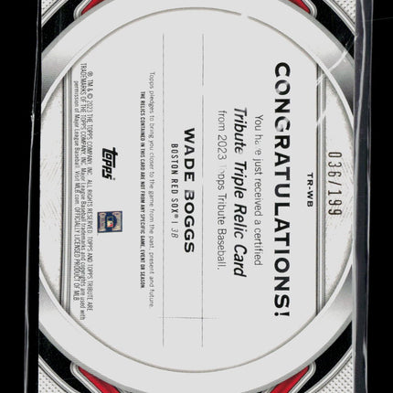 2023 Topps Tribute Wade Boggs #TR-WB Triple Relic 036/199 Bat Jersey Game-Used