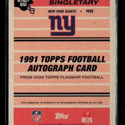 2026 Topps Flagship Football Devin Singletary #91AC-DSI Green 68/99 Auto