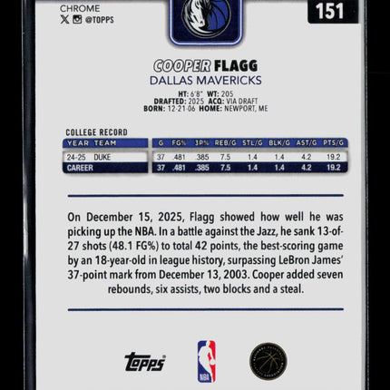 2026 Topps Chrome Cooper Flagg #151 RC
