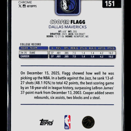 2026 Topps Chrome Cooper Flagg #151