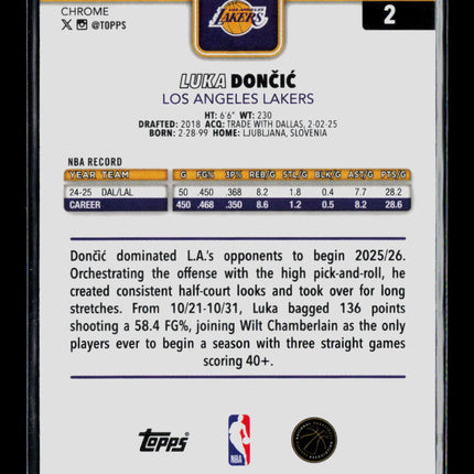 2026 Topps Chrome Luka Doncic #2 Aqua Wave Refractor 073/199