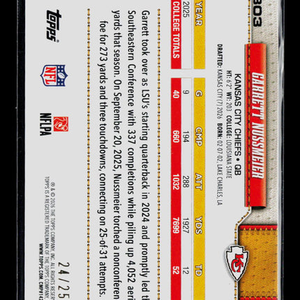 2026 Topps Garrett Nussmeier #303 RC 24/25 Orange