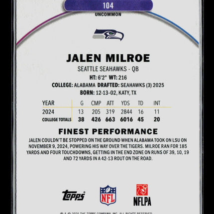 2025 Topps Finest Jalen Milroe #104 Refractor RC