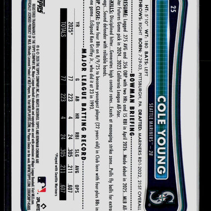 2026 Bowman Chrome Cole Young #25 Fuchsia Refractor 064/299 RC