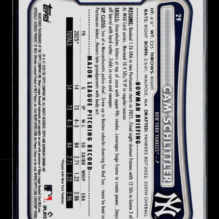 2026 Bowman Chrome Cam Schlittler #29 RC