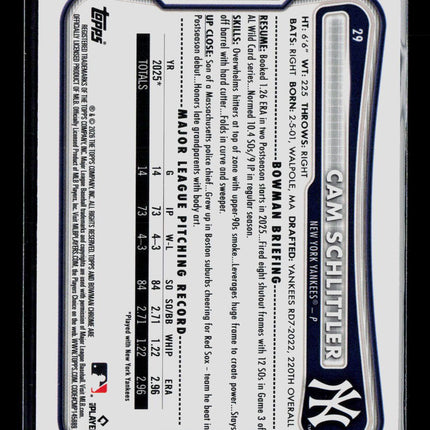 2026 Bowman Chrome Cam Schlittler #29 RC
