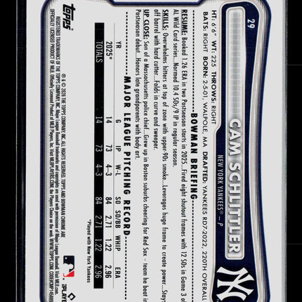 2026 Bowman Chrome Cam Schlittler #29 RC
