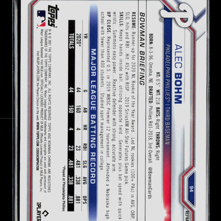 2021 Bowman Chrome Alec Bohm #94 Refractor RC 365/499