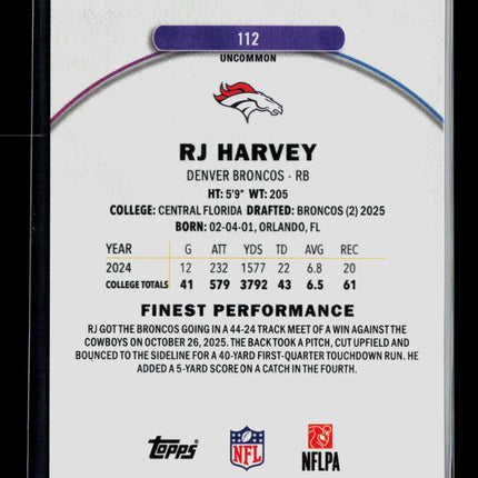2025 Topps Finest RJ Harvey #112 RC Black Refractor /15
