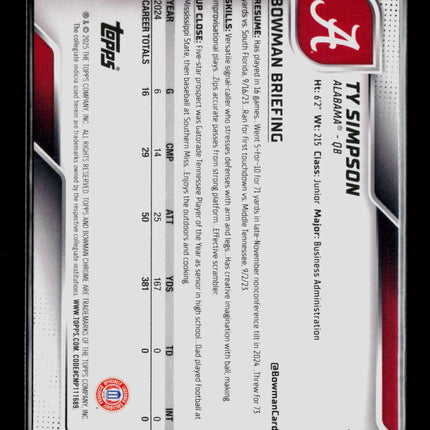 2025 Bowman Chrome University Ty Simpson #151 Purple 15/75