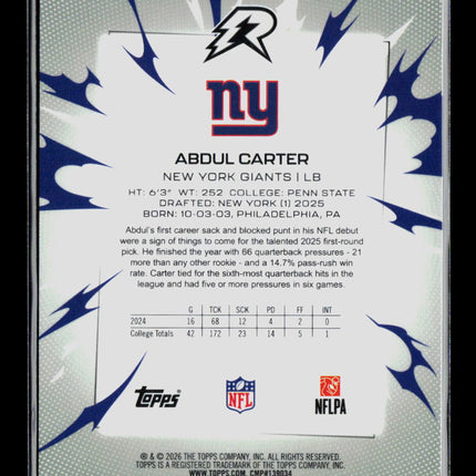 2026 Topps Resurgence Abdul Carter #169 RC 13/25 Orange