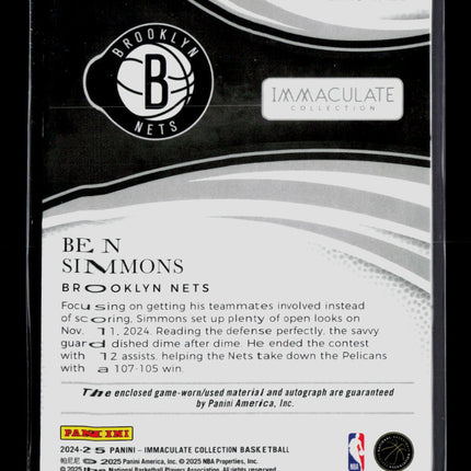2025 Panini Immaculate Ben Simmons #PAU-BEN Patch 10/10 Auto