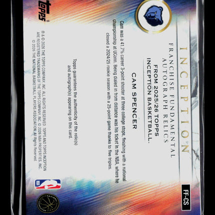 2026 Topps Inception Cam Spencer #FF-CS Autograph Memorabilia Dual Relic Auto