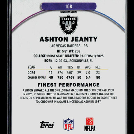 2025 Topps Finest Ashton Jeanty #108 Orange RC 02/20