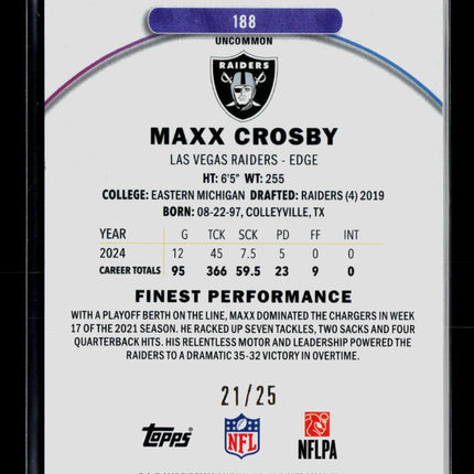 2025 Topps Finest Maxx Crosby #188 Gold Refractor 21/25 With Protective Coating