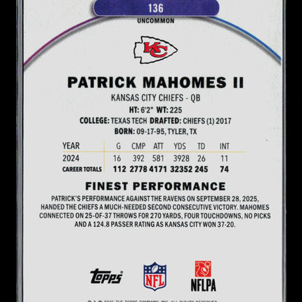2025 Topps Finest Patrick Mahomes II #136 Purple Refractor 86/99