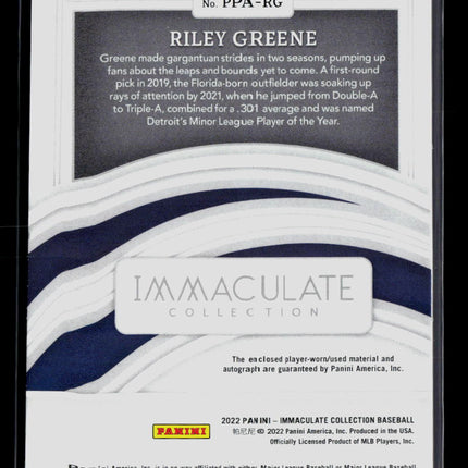 2022 Panini Immaculate Collection Baseball Riley Greene #PPA-RG 4/5 Patch Auto