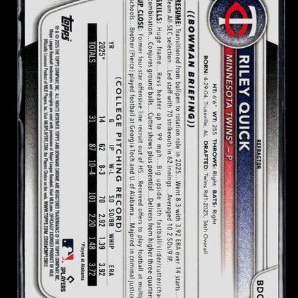 2025 Bowman Draft Chrome Riley Quick #BDC-23 Refractor 1st Bowman