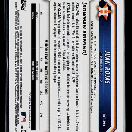 2026 Bowman Chrome Juan Rojas #BCP-193 Aqua Shimmer Refractor 1st Bowman