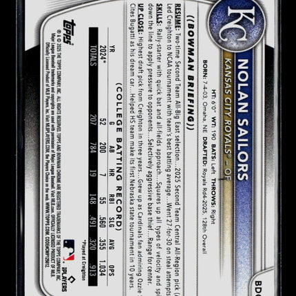 2025 Bowman Draft Chrome Nolan Sailors #BDC-86 Blue