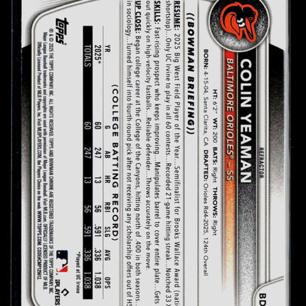 2025 Bowman Chrome Draft Colin Yeaman #BDC-47 Refractor