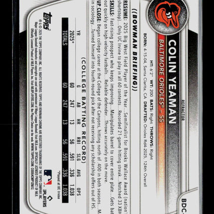 2025 Bowman Chrome Colin Yeaman #BDC-47 Refractor