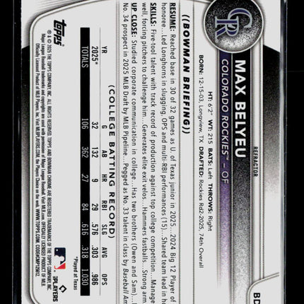 2025 Bowman Chrome Draft Max Belyeu #BDC-5 Refractor 1st Bowman