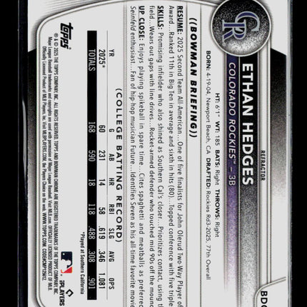 2025 Bowman Draft Chrome Ethan Hedges #BDC-148 Refractor