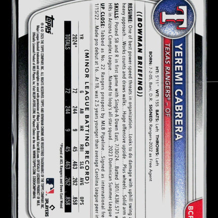 2024 Bowman Chrome Yeremi Cabrera #BCP-146 Purple Shimmer Refractor 263/350