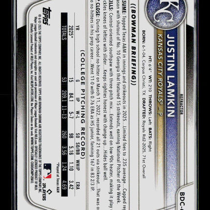 2025 Bowman Draft Chrome Justin Lamkin #BDC-62 Refractor