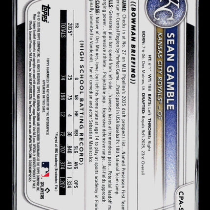 2025 Bowman Chrome Sean Gamble #CPA-SG Blue Wave 053/150 Auto