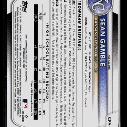 2025 Bowman Chrome Sean Gamble #CPA-SG Refractor 394/499 Auto